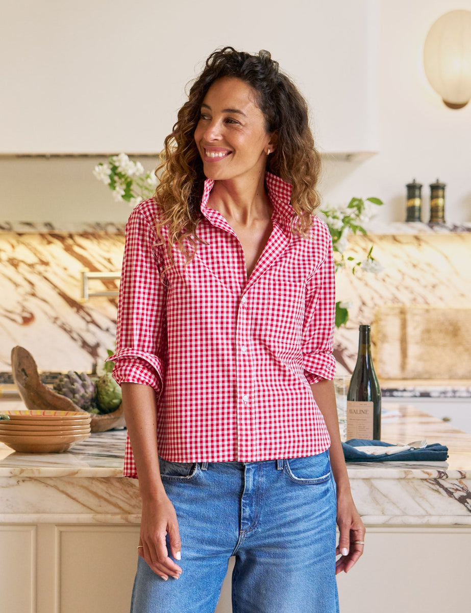Silvio, Untuckable Button-Up Shirt, Red Check | Frank & Eileen