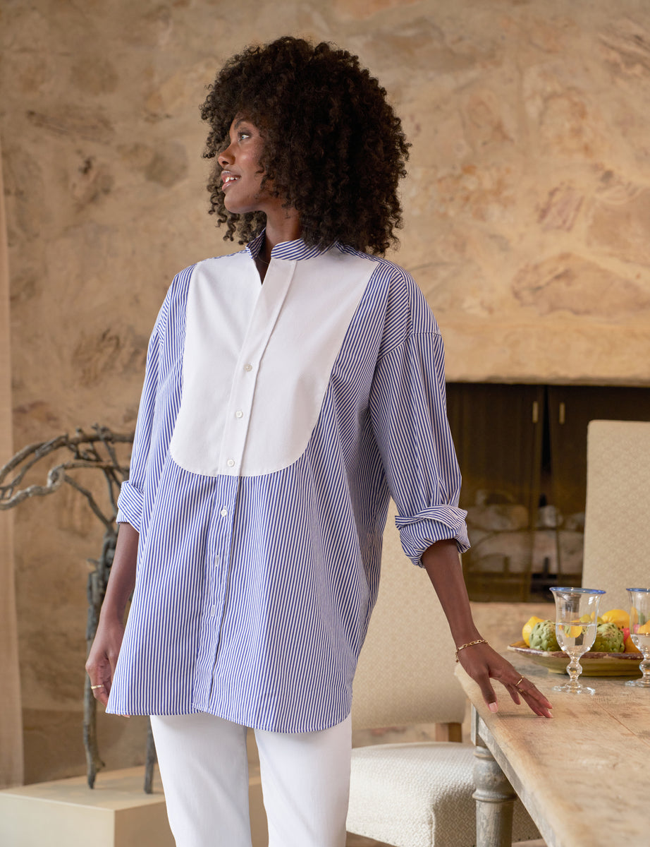 Victoria, Italian Tuxedo Shirt, Blue Stripe | Frank & Eileen