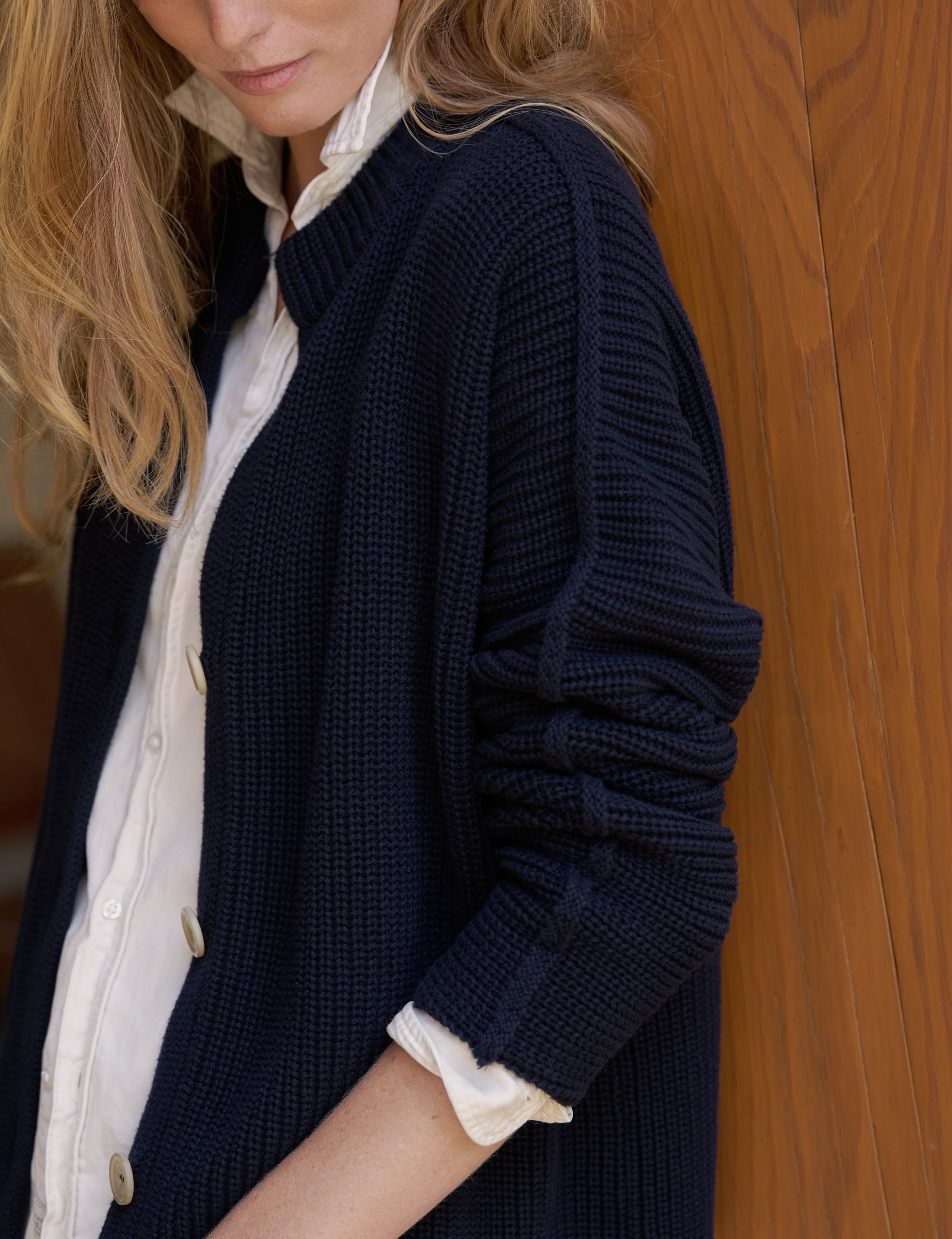 Montecito Cardigan, Crew Neck Cardigan, Navy | Frank & Eileen