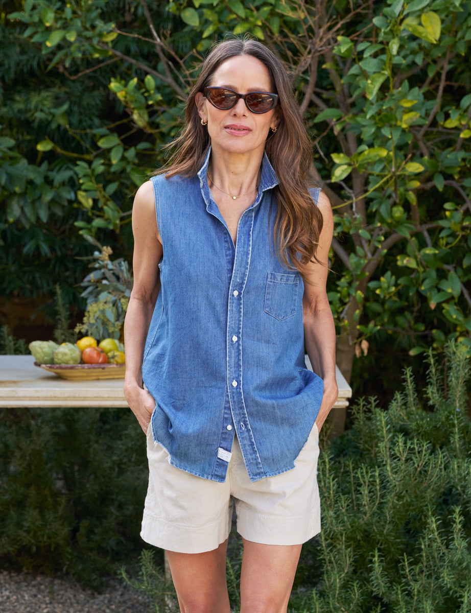 Fiona, Sleeveless Button-Up Shirt, Vintage Blue Denim | Frank & Eileen
