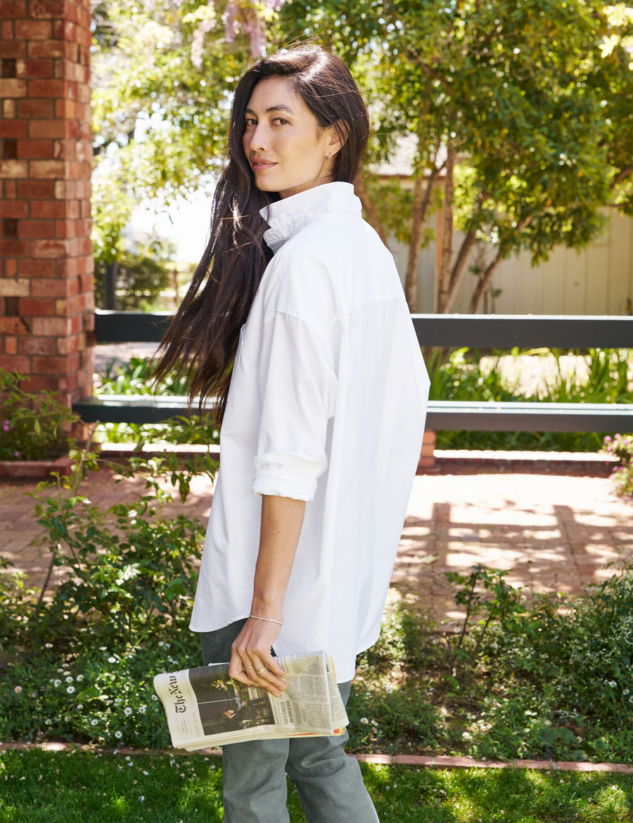 Back of person wearing White Frank & Eileen Shirley Oversized Button-Up Shirt in Italian Oxford