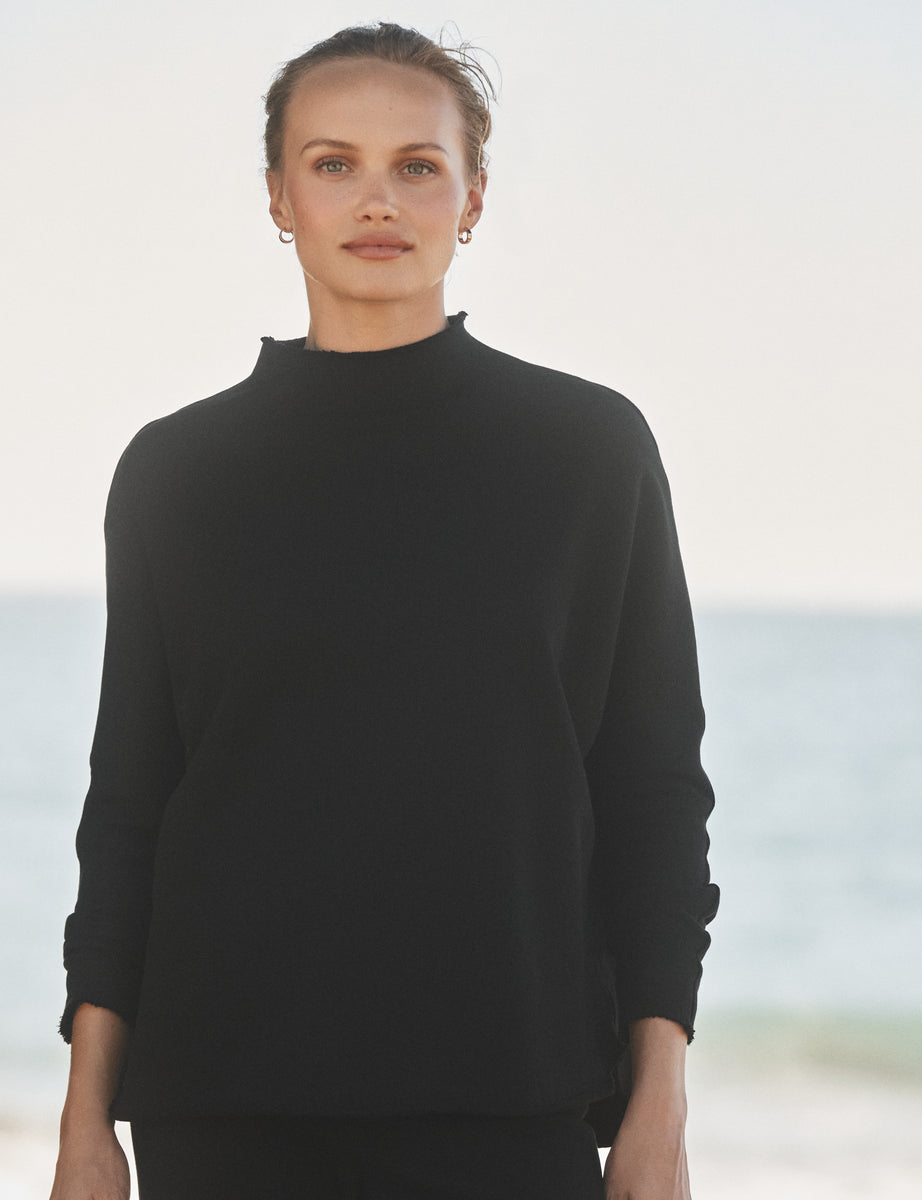 Effie, Long-Sleeve Funnel Neck Capelet, Black | Frank & Eileen