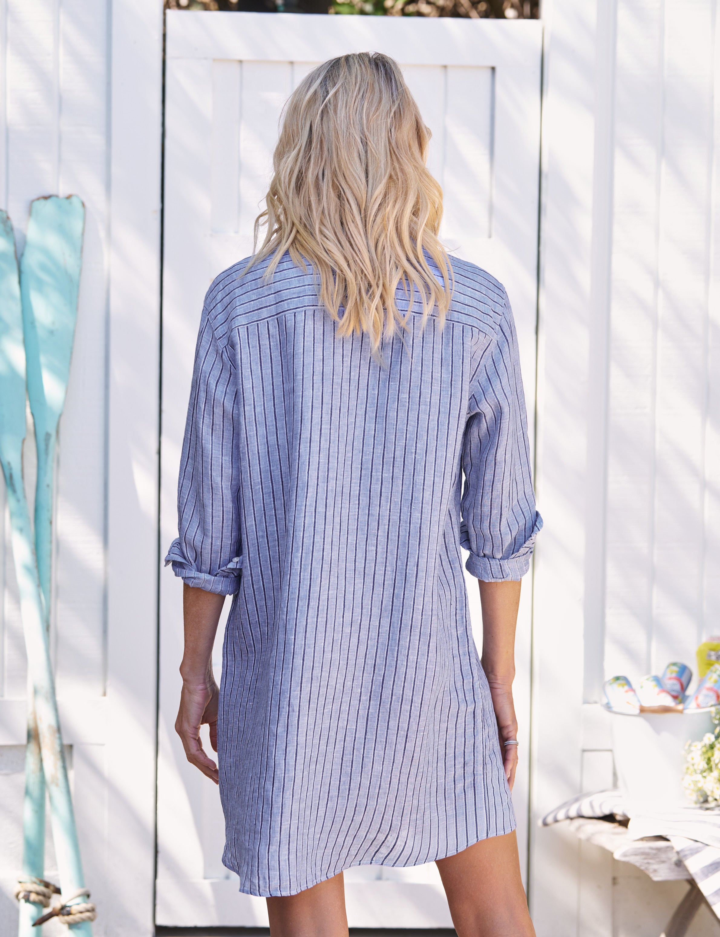 Frank & Eileen Mary Blue and Navy Stripe, Italian Classic Linen Blue XS