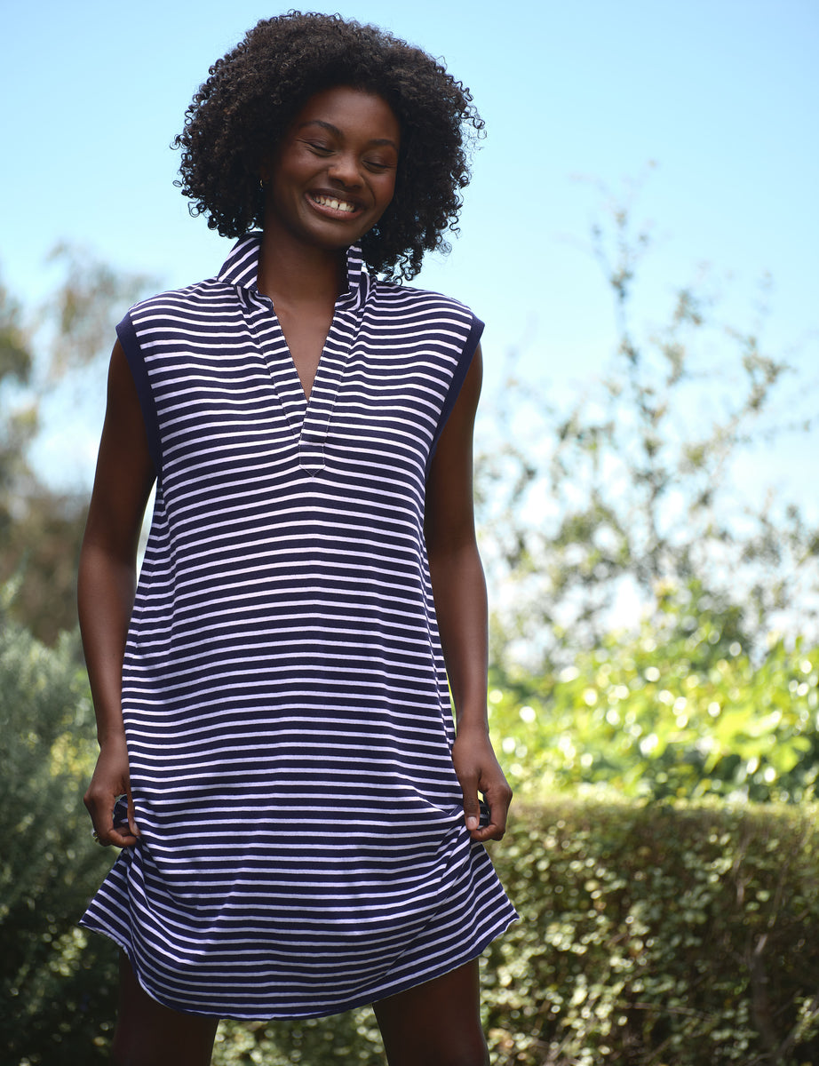 Mini Lily, Popover Henley Tank Dress, Navy Stripe | Frank & Eileen