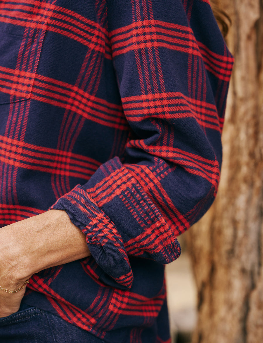 Detail of sleeve on person wearing Red and Blue Plaid Frank & Eileen Eileen Relaxed Button-Up Shirt in Flannel