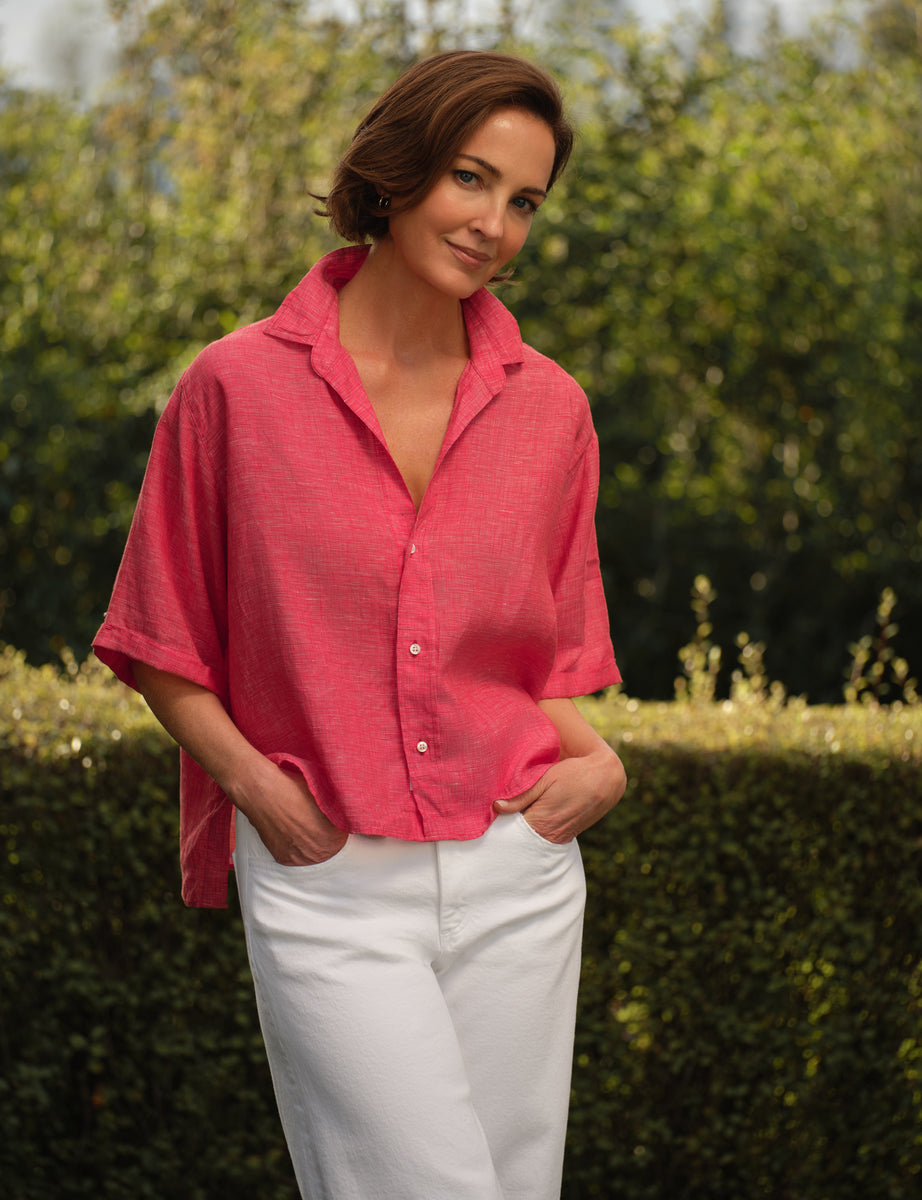 Rosie, Short-Sleeve Button-Up Shirt, Red | Frank & Eileen
