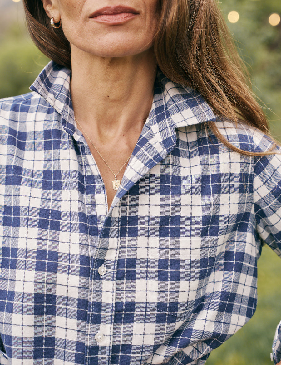 Detail of collar and front button placket on person wearing Blue and White Plaid Frank & Eileen Barry Tailored Button-Up Shirt in Flannel
