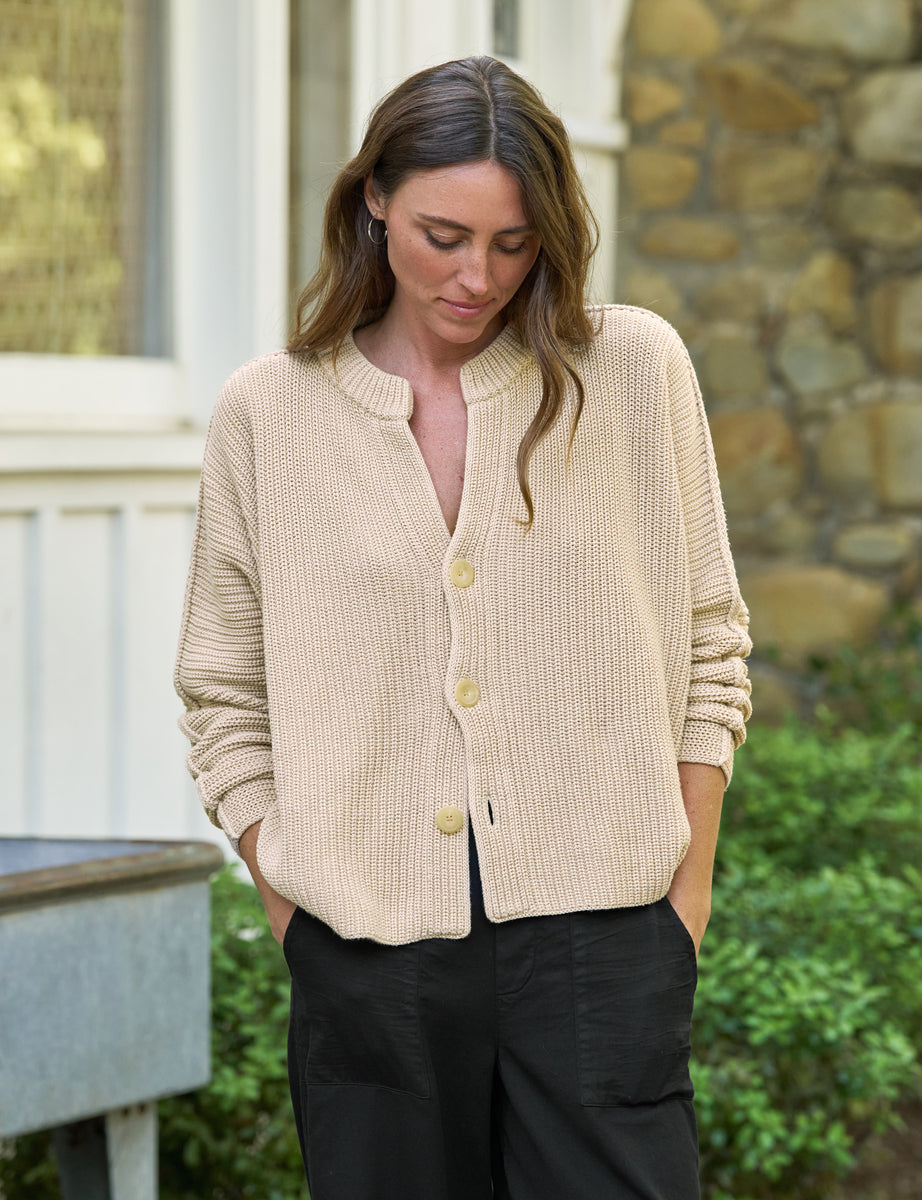 Montecito Cardigan, Crew Neck Cardigan, Tan | Frank & Eileen