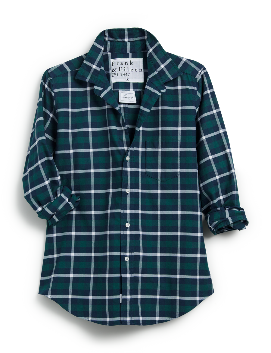 Flat front of Green Plaid Frank & Eileen Barry Tailored Button-Up Shirt in Flannel