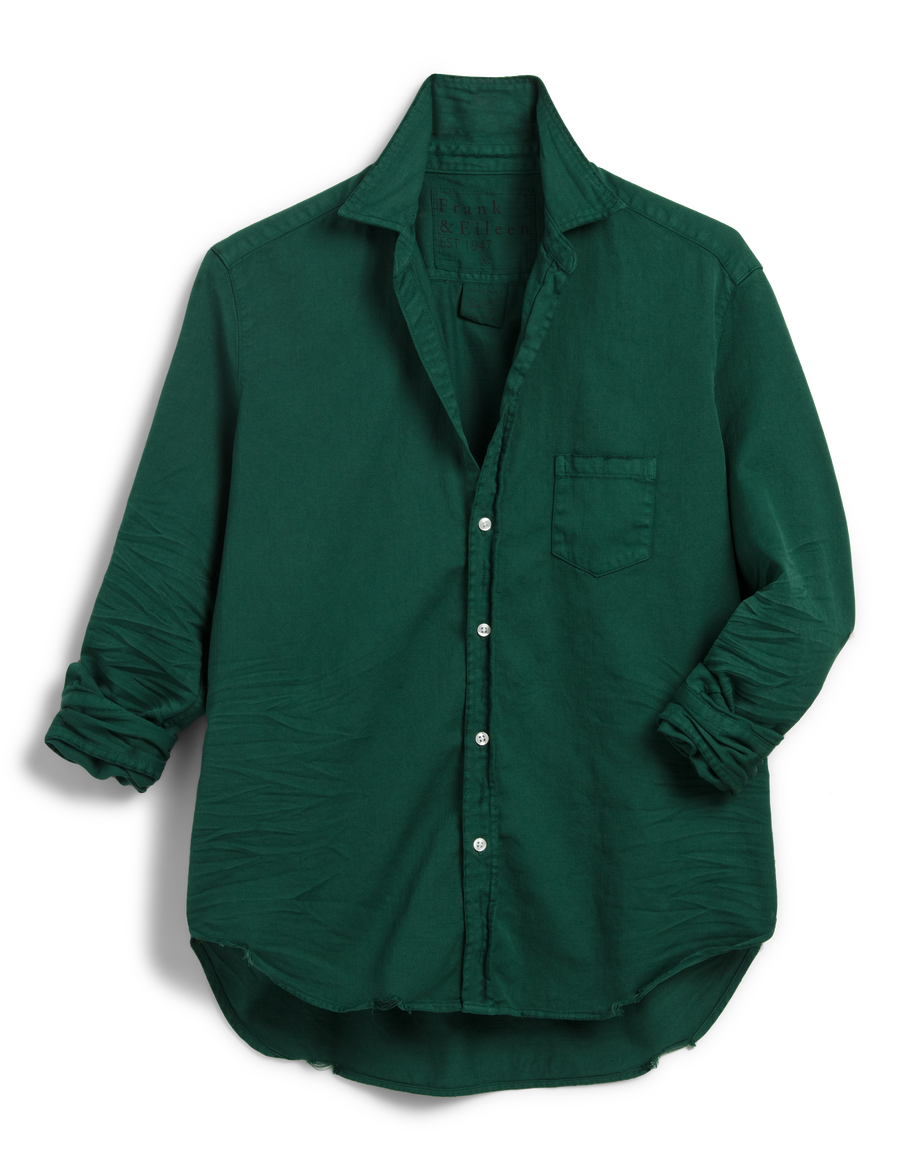 Flat front of Green Frank & Eileen Eileen Relaxed Button-Up Shirt in Famous Denim