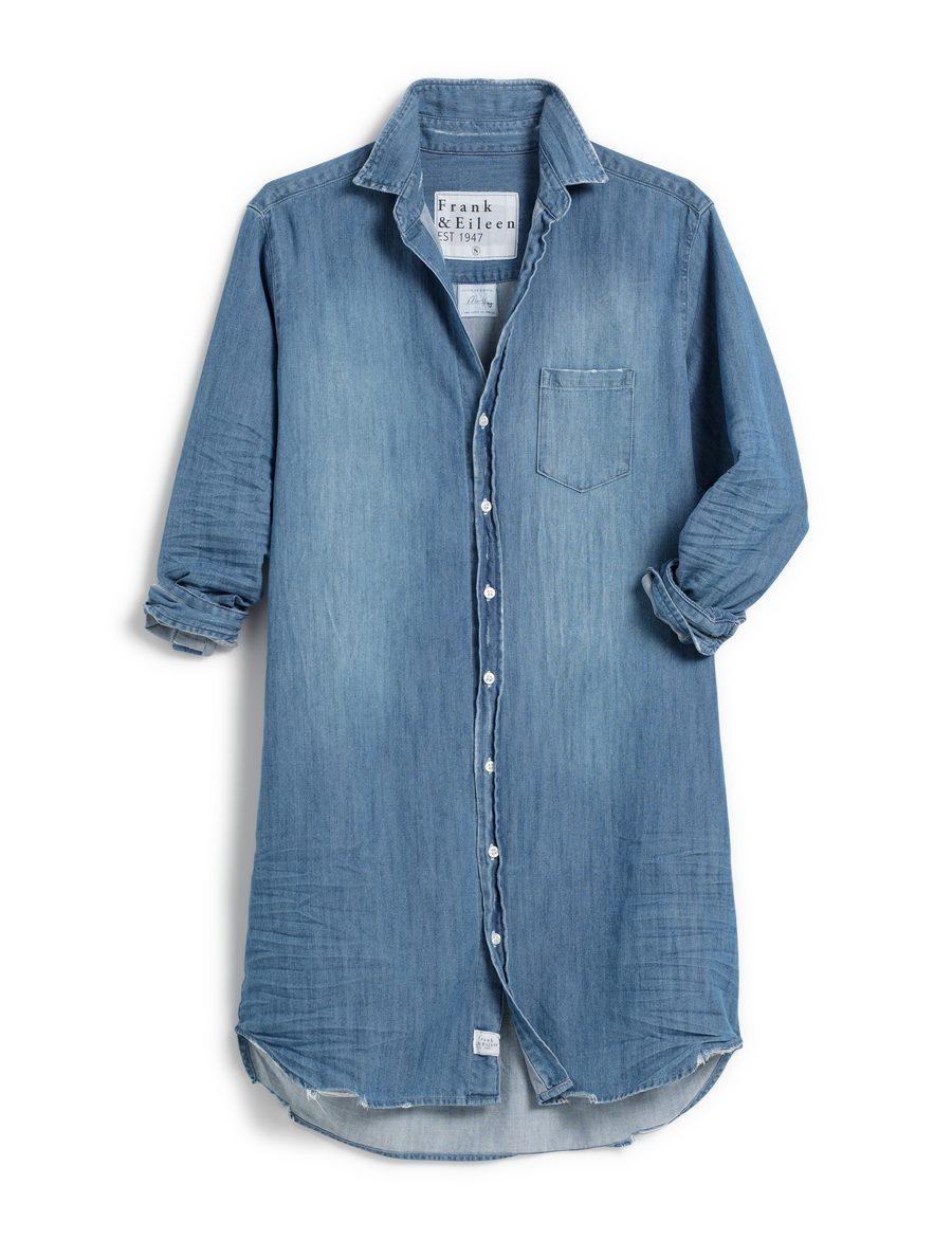 Flat front shot of Distressed Blue Frank & Eileen Mary Classic Shirtdress in Famous Denim