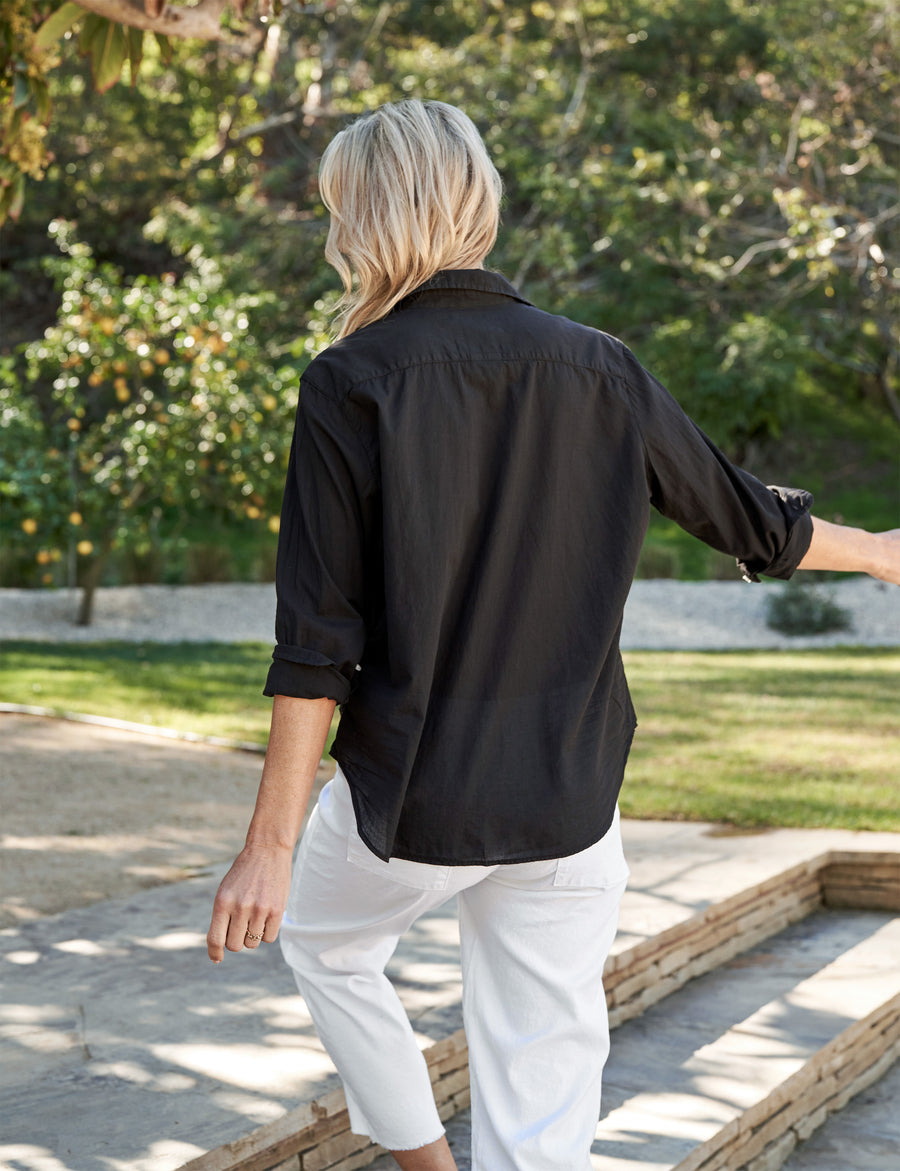 Back of person wearing Black Frank & Eileen Eileen Relaxed Button-Up Shirt in Organic Voile