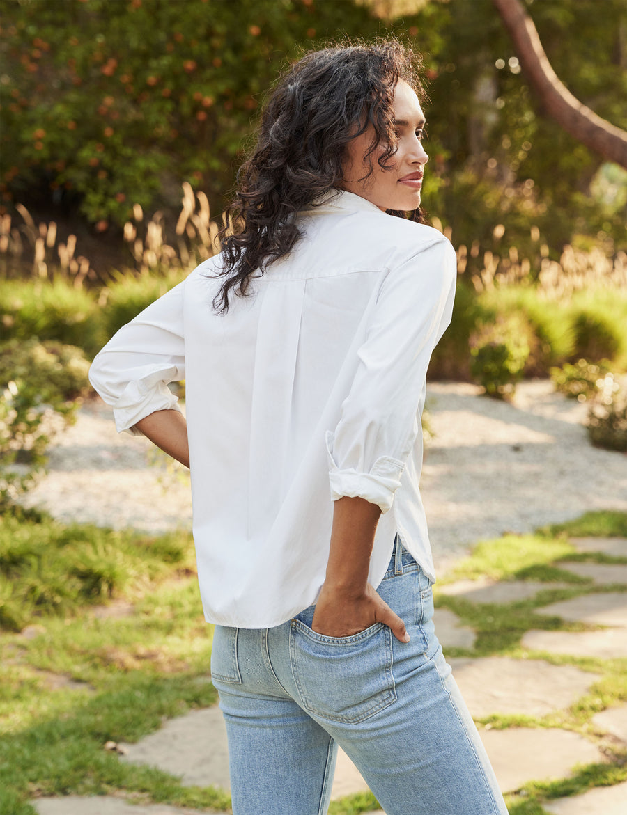 Back of person wearing White Frank & Eileen Silvio Untuckable Button-Up Shirt in Superluxe