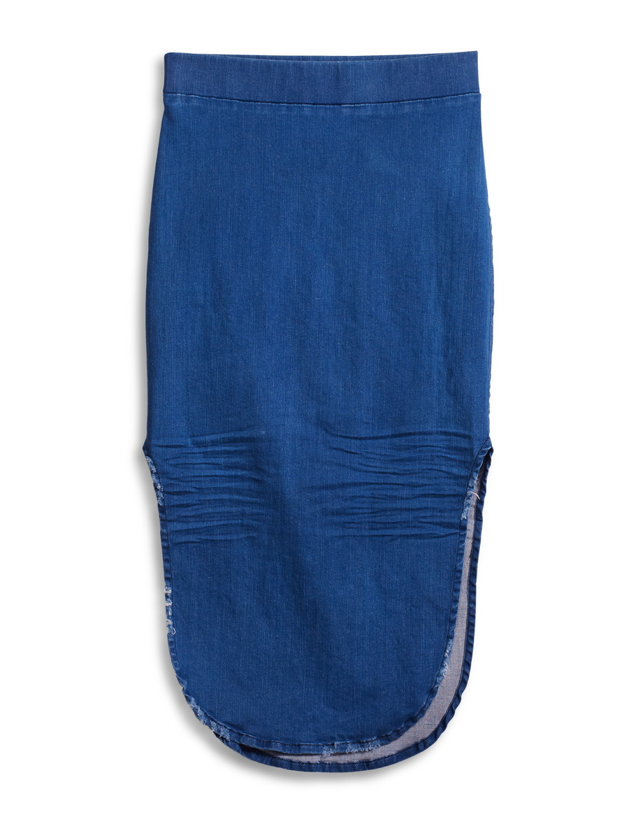 Flat front shot of Blue Frank & Eileen Donegal Unforgettable Skirt in Italian Performance Denim