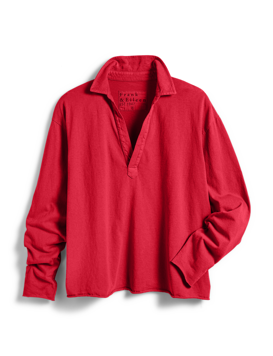 Flat front shot of Red Frank & Eileen Patrick Popover Henley in Heritage Jersey