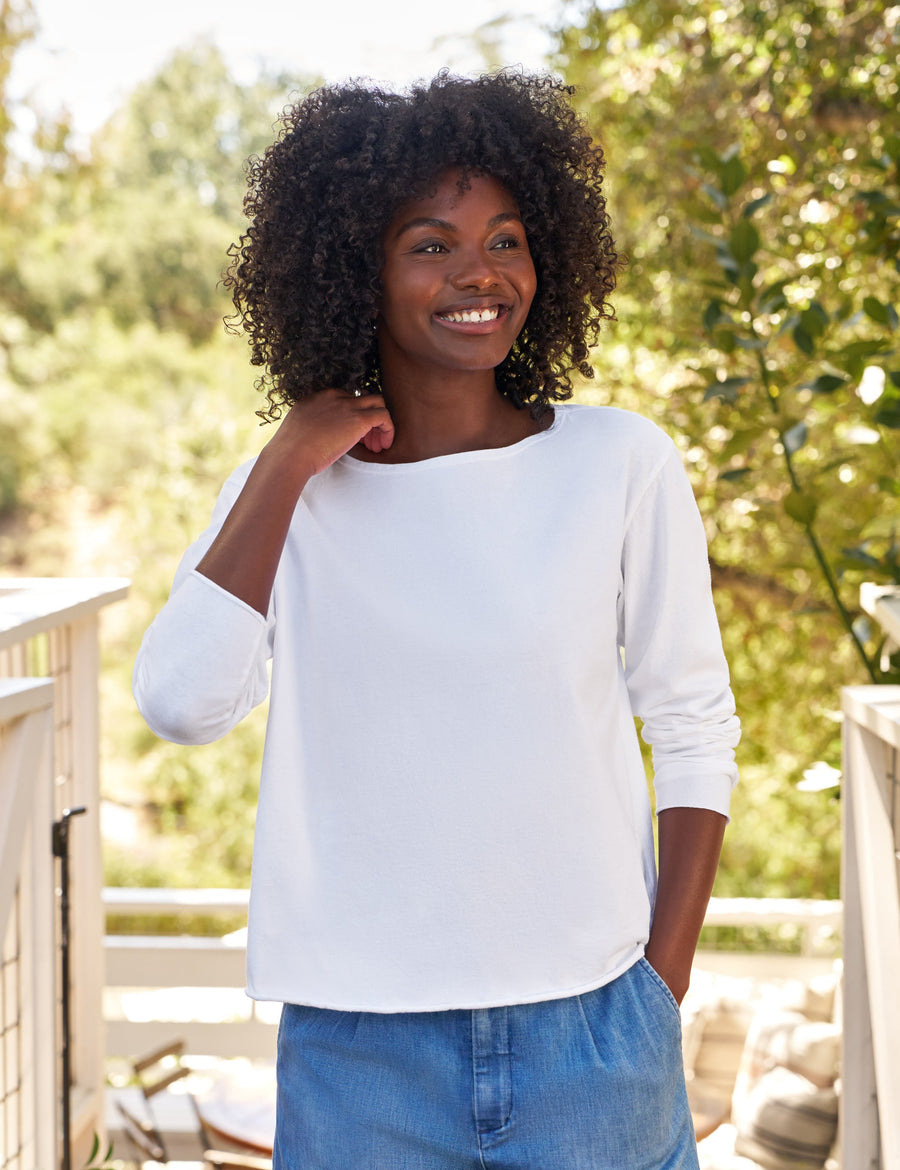 Ella, Long-Sleeve Boatneck Tee, White | Frank & Eileen