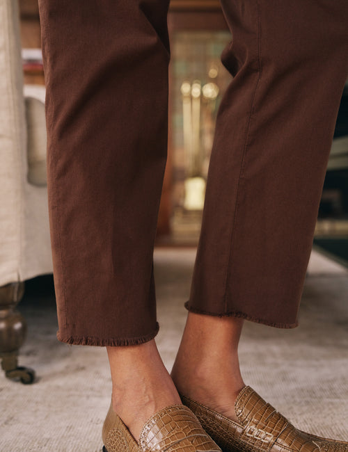 Detail of raw edge hem on person wearing Brown Frank & Eileen Wicklow Italian Chino in Italian Performance Twill, view 3