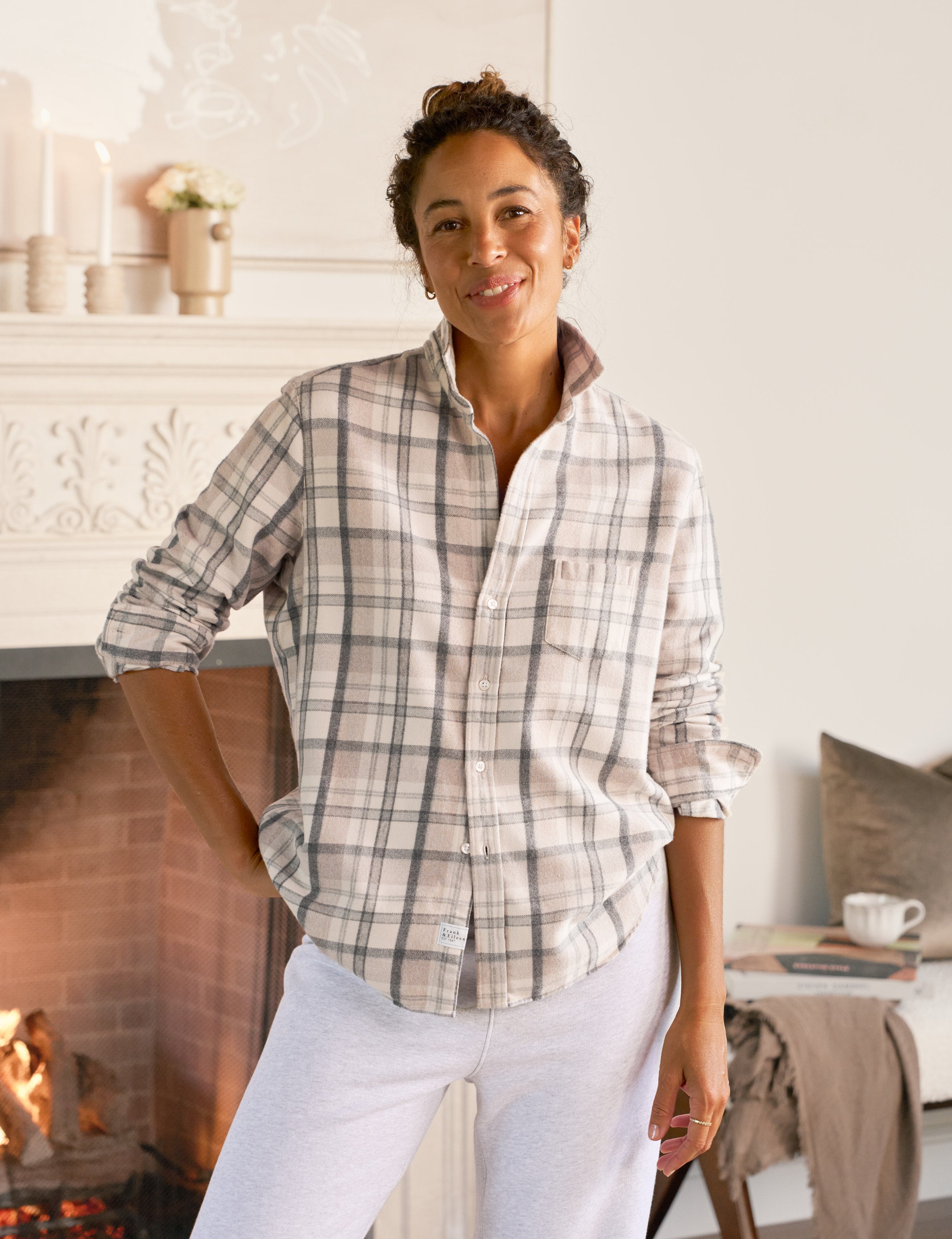 EILEEN Cream and Sand with Gray Plaid, Italian Flannel