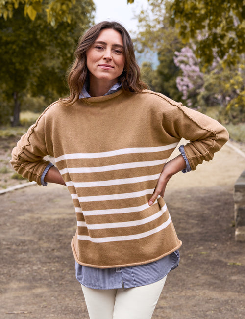 MONTEREY Camel with Cream Stripe, Pure Italian Cotton, view 3