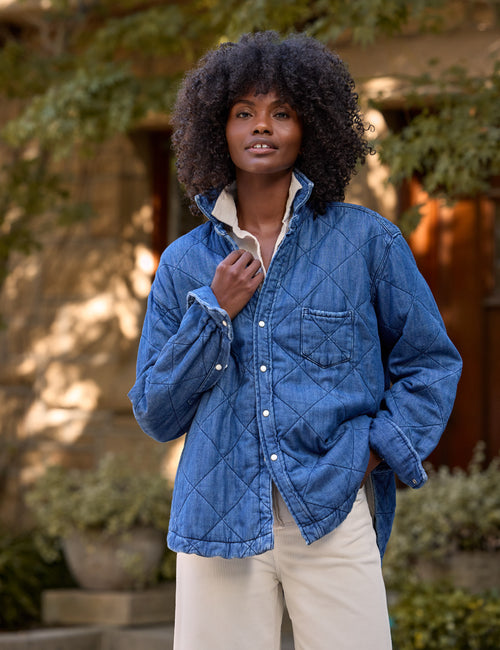 A woman stands outdoors wearing a blue quilted button-front jacket over a cream collared shirt and cream pants. The background shows a softly blurred stone wall and greenery., view 5