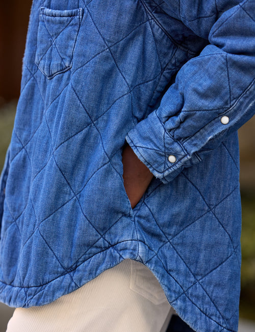 Close-up of a person wearing a blue diamond-quilted overshirt with white buttons and a side pocket, paired with light beige pants., view 3