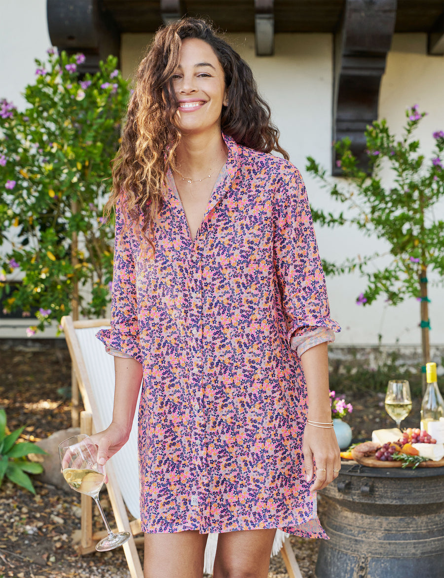 Front of person wearing Neon Floral Frank & Eileen Hunter Step-Hem Shirtdress in Classic Linen