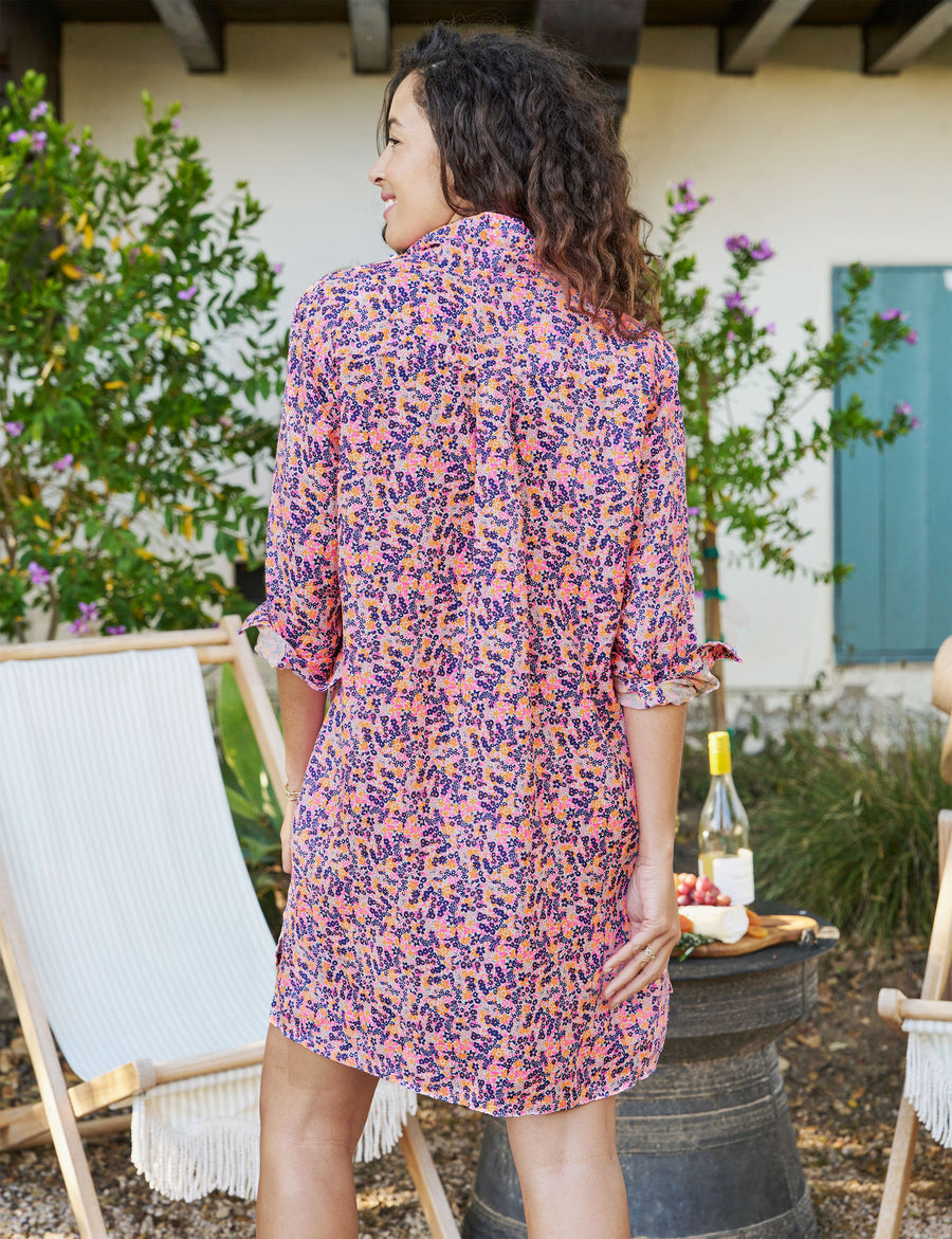 Back of person wearing Neon Floral Frank & Eileen Hunter Step-Hem Shirtdress in Classic Linen