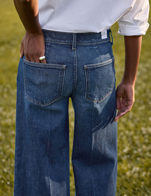 Close-up back view of a person wearing blue wide-leg jeans with a white shirt, standing outdoors on a grassy field., view 3