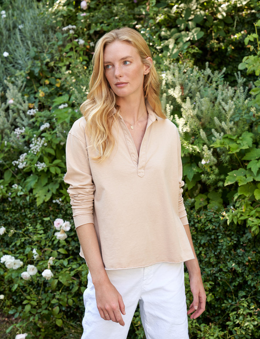 Front of person wearing Tan Frank & Eileen Patrick Popover Henley in Heritage Jersey