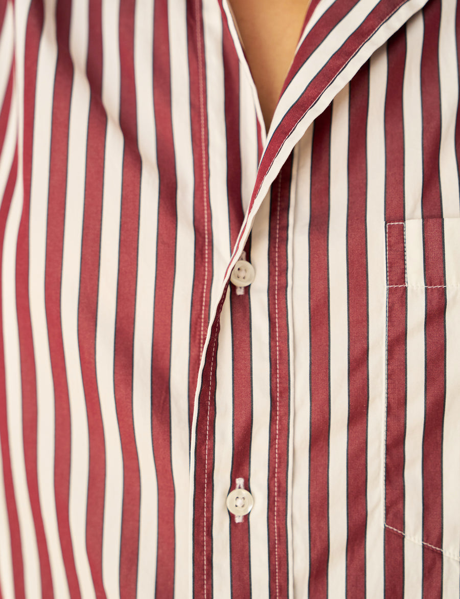 Detail of stripe pattern on person wearing Red Stripe Frank & Eileen Mackenzie One-Size Button-Up Shirt in Superluxe