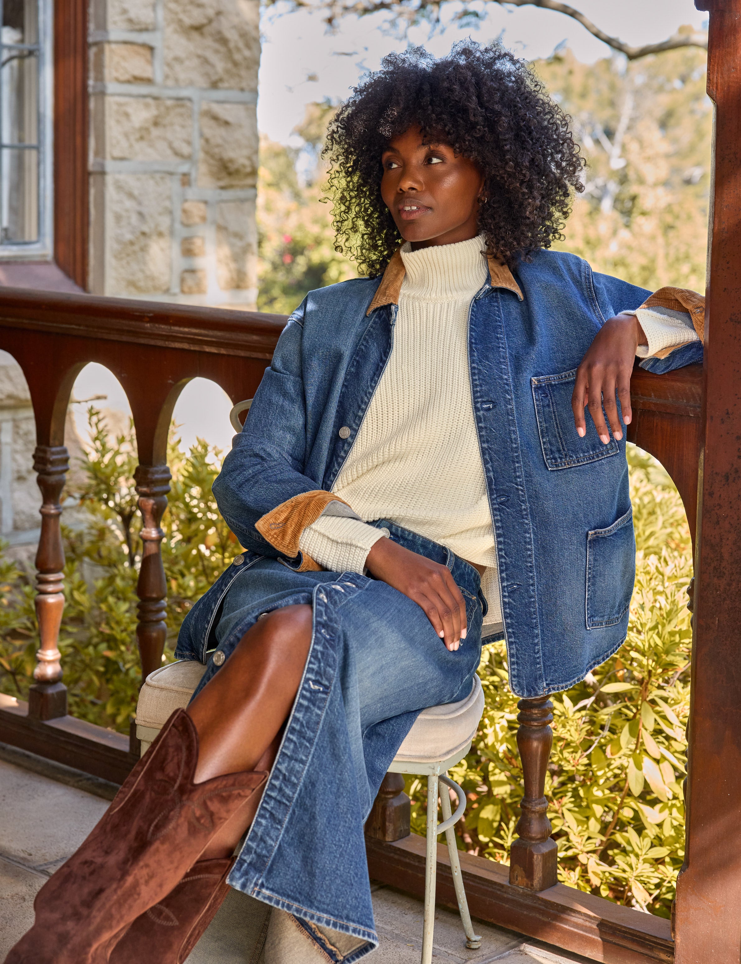 Bantry, Barn Jacket, Dark Wash with Camel Corduroy | Frank & Eileen