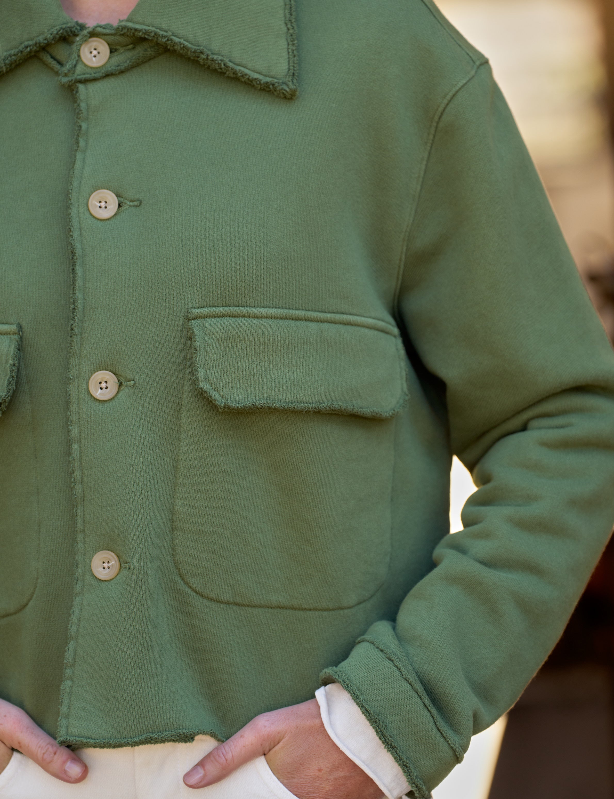 Rowan, Cropped Sweatshirt Utility Jacket, Green | Frank & Eileen
