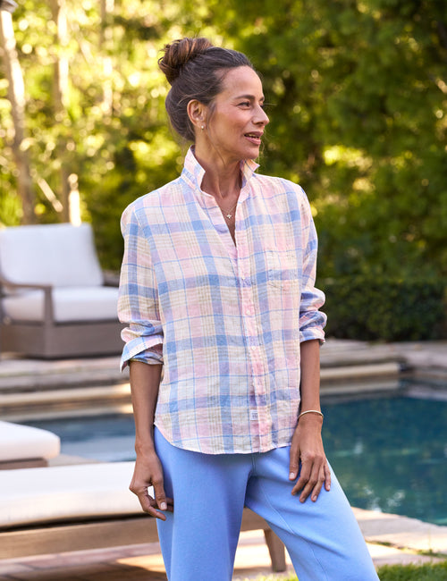 EILEEN Pink and Sand Blue Plaid, Italian Classic Linen, front view