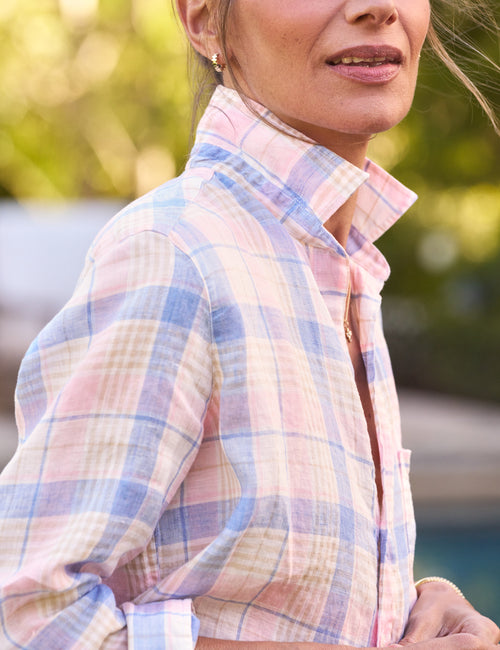 EILEEN Pink and Sand Blue Plaid, Italian Classic Linen, view 3