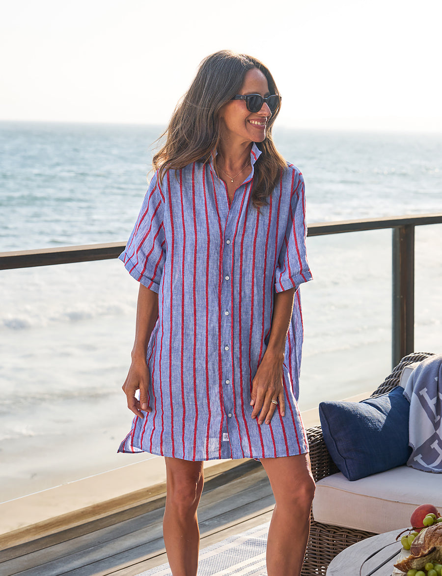 blue and nude lace dress Rosemary, Short-Sleeve Shirtdress, Blue Stripe