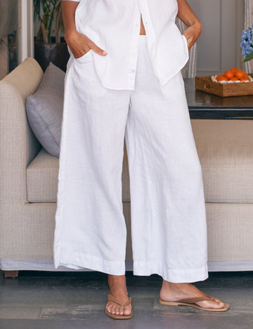 WIDE-LEG PULL-ON LINEN PANT White, Washed Linen