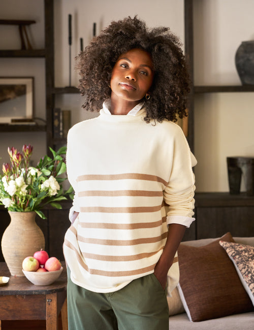 MONTEREY Cream with Camel Stripe, Pure Italian Cotton, front view