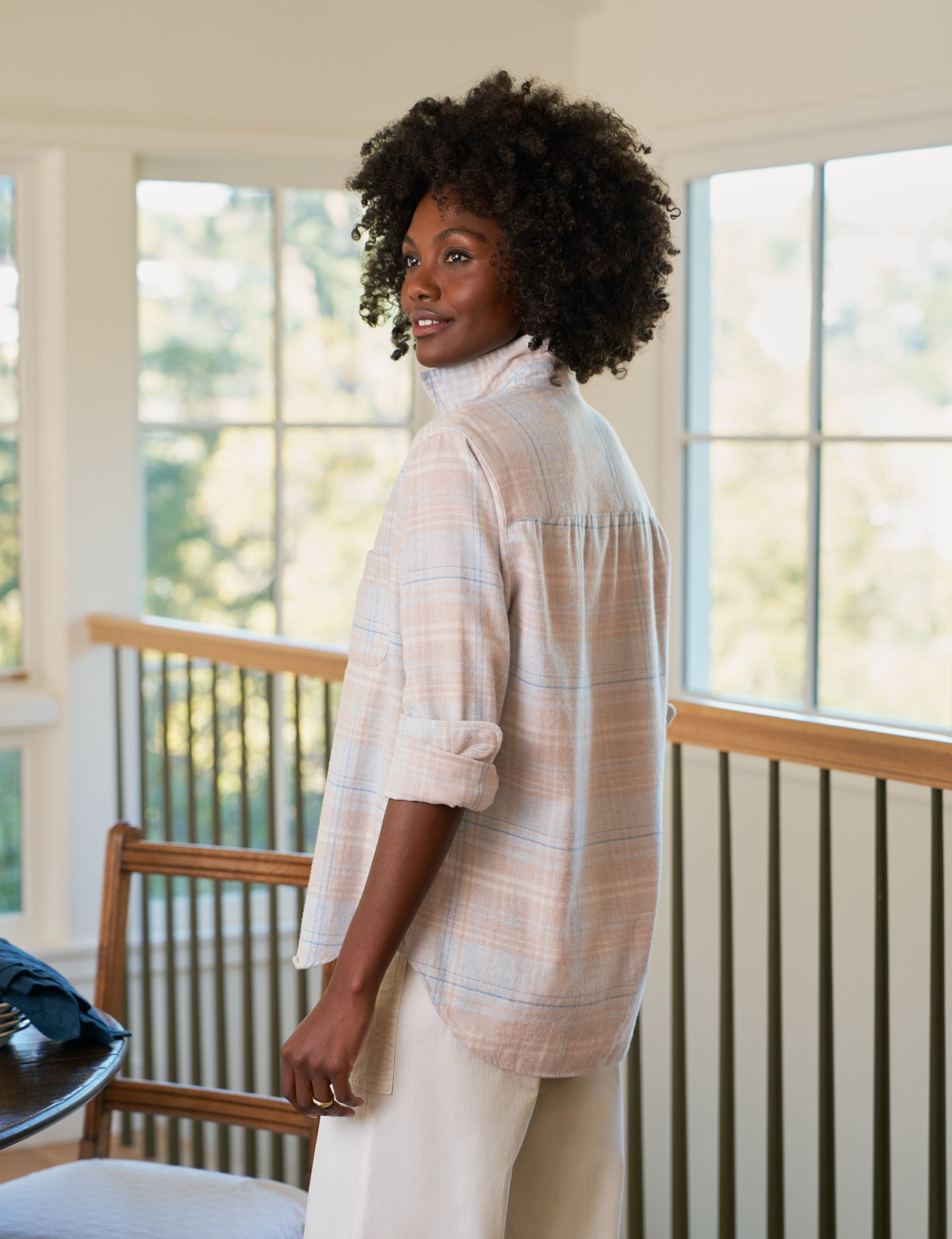 EILEEN Sand and Blue Plaid, Italian Flannel