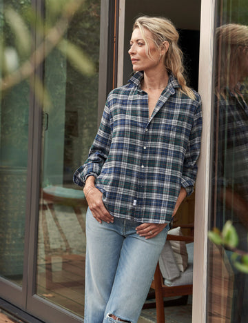 Front of person wearing Navy Plaid Frank & Eileen Eileen Relaxed Button-Up Shirt 