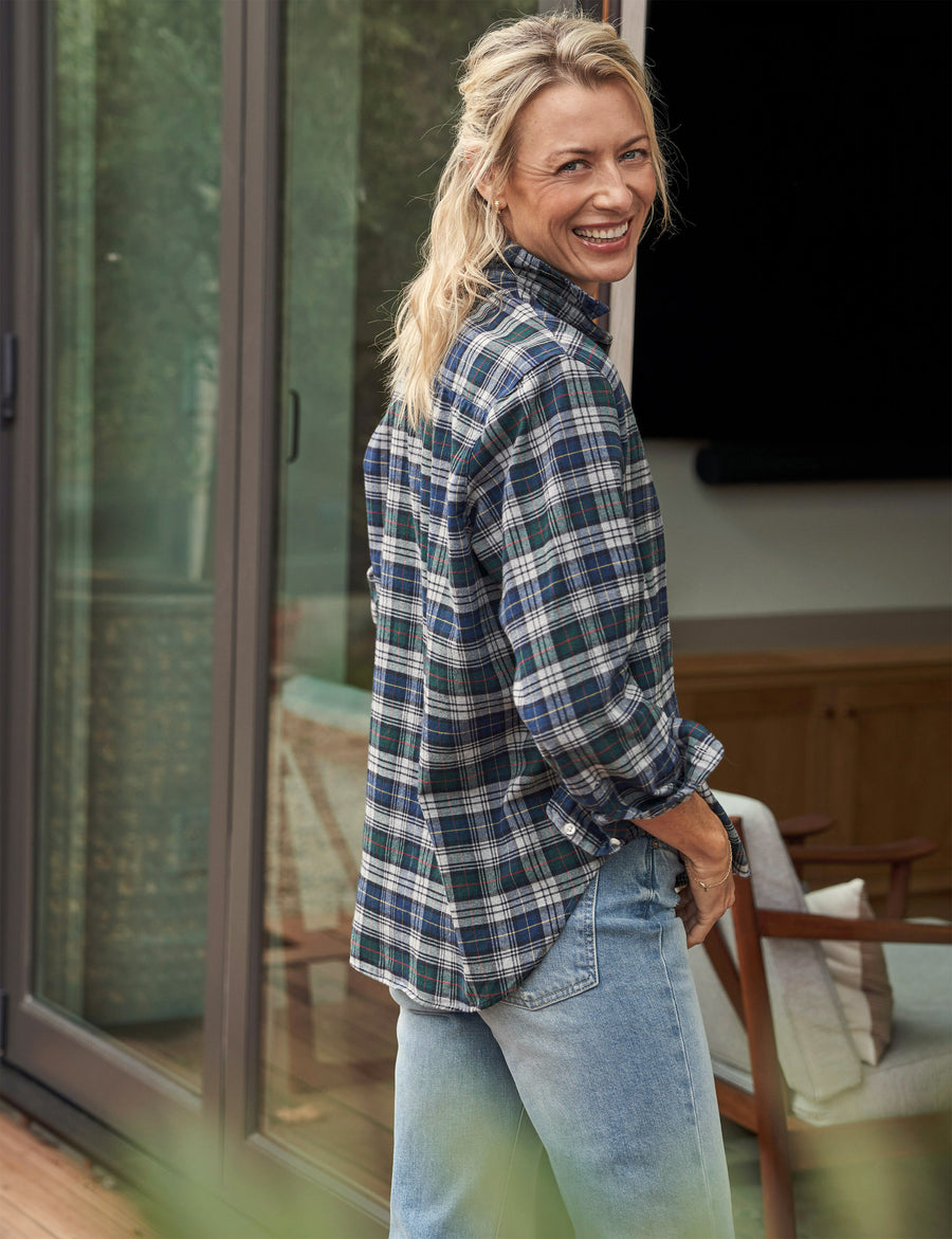 Back of person wearing Navy Plaid Frank & Eileen Eileen Relaxed Button-Up Shirt in Flannel