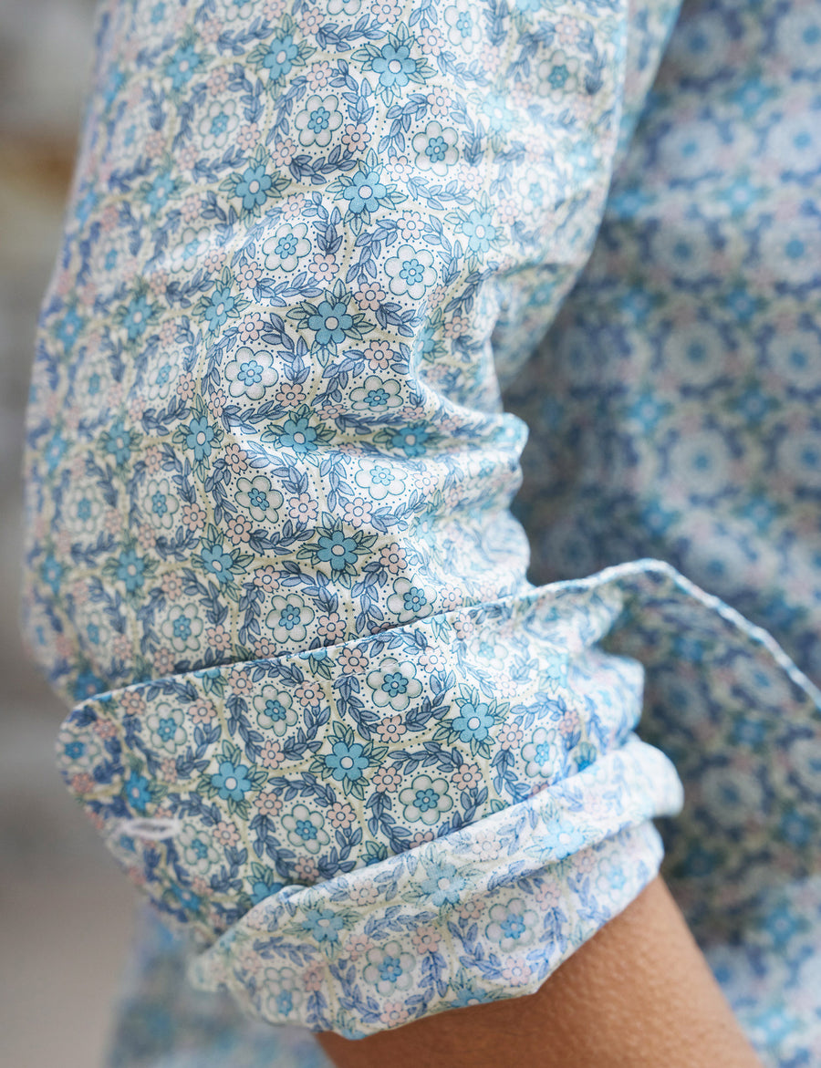 Detail shot of person wearing Pink and Blue Florals Frank & Eileen Frank Classic Button-Up Shirt in Made with Liberty Fabric