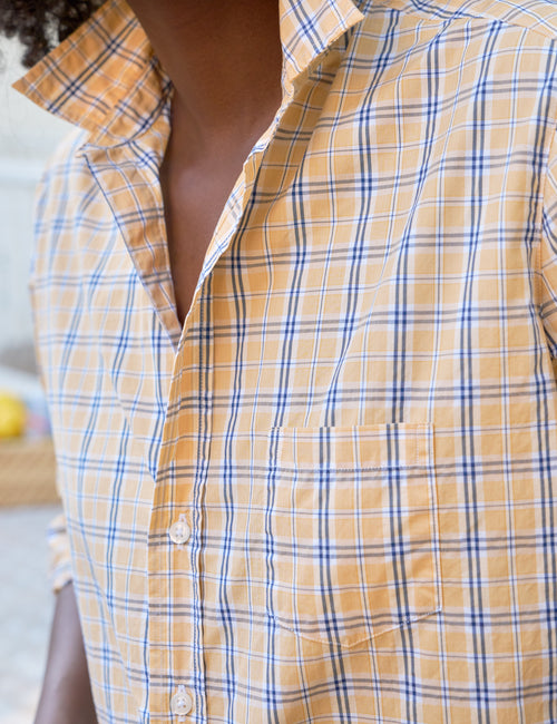 Close-up of a person wearing a yellow and blue plaid shirt., view 3