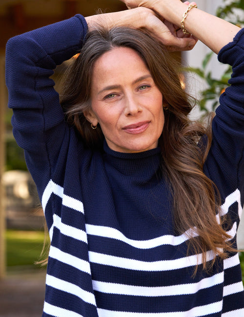 MONTEREY Navy with White Stripe, Pure Italian Cotton, view 3