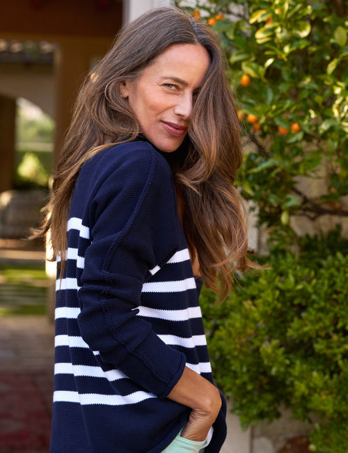 MONTEREY Navy with White Stripe, Pure Italian Cotton, alternate view