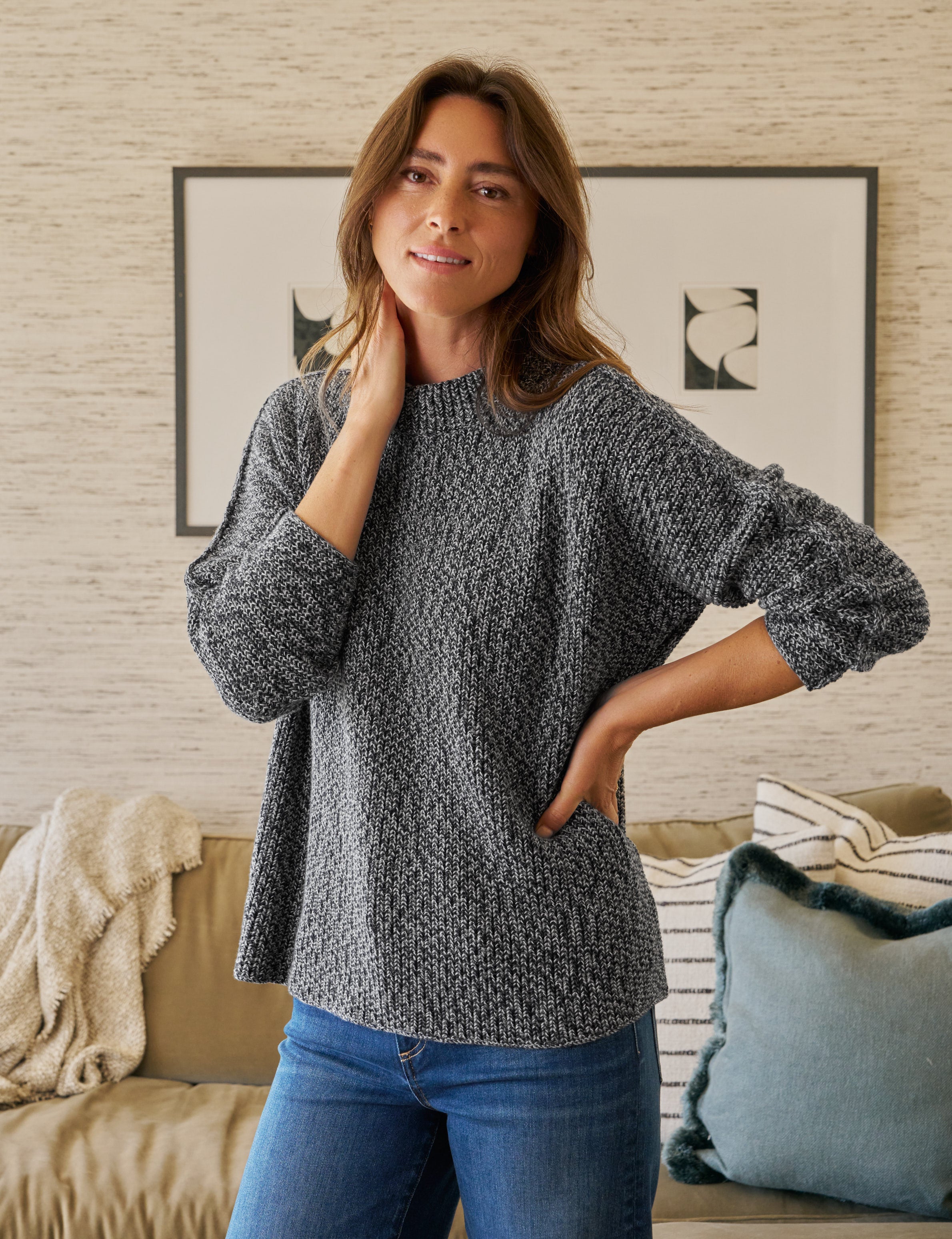 MONTECITO SWEATER Gray and Navy Marl, Pure Italian Cotton