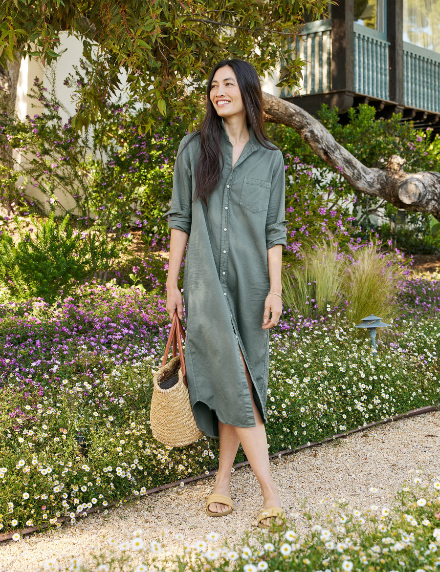 Front of person wearing Green Frank & Eileen Rory Maxi Shirtdress in Famous Denim