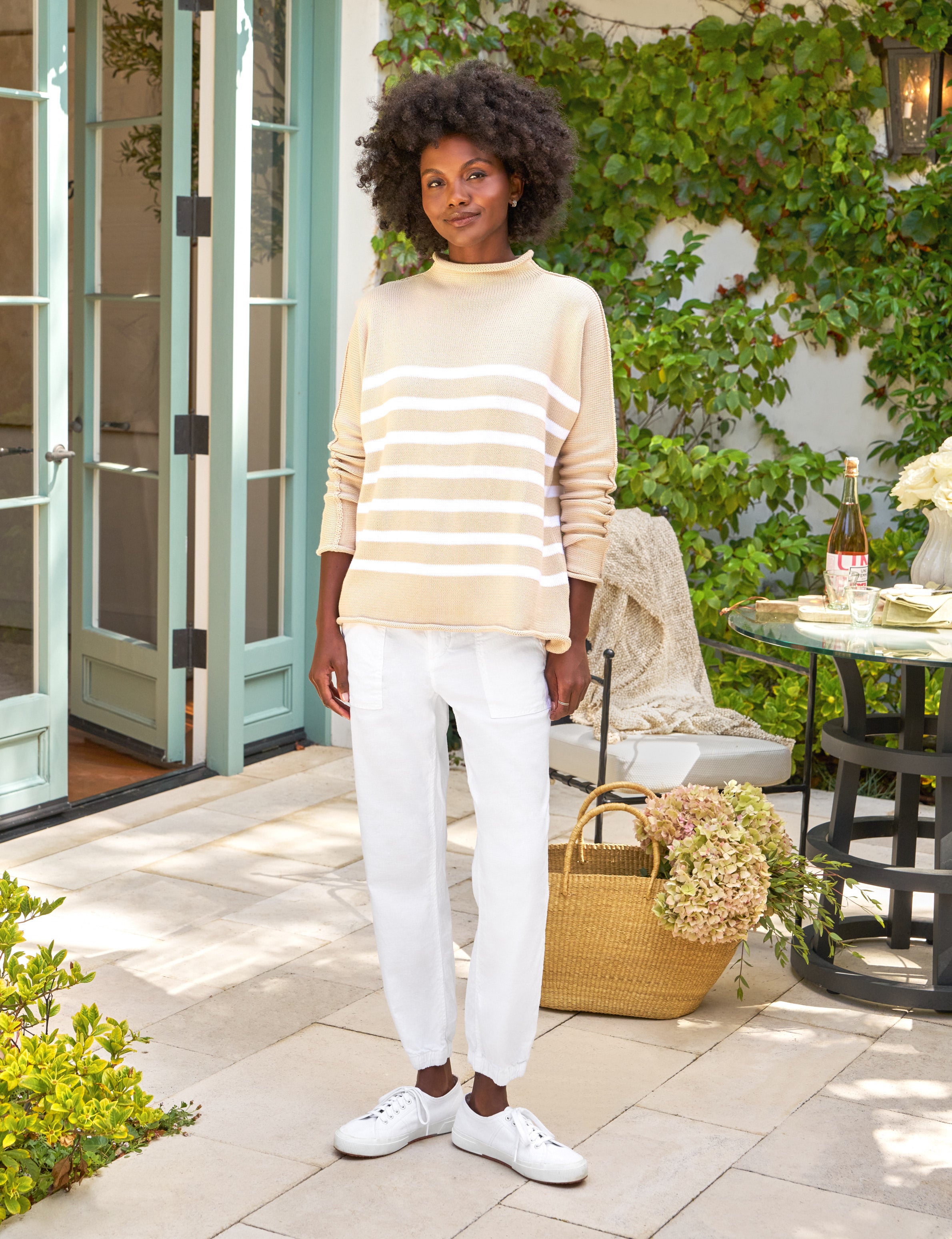 MONTEREY Sand with White Stripe, Pure Italian Cotton