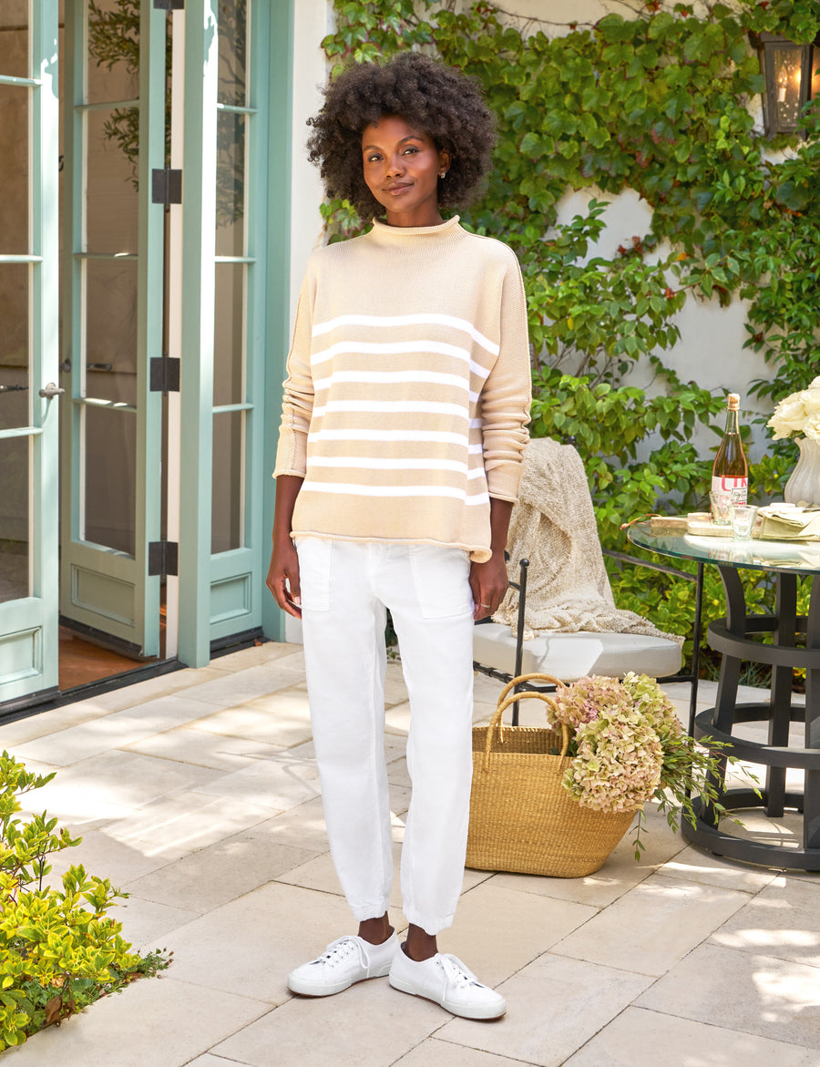 MONTEREY Sand with White Stripe, Pure Italian Cotton