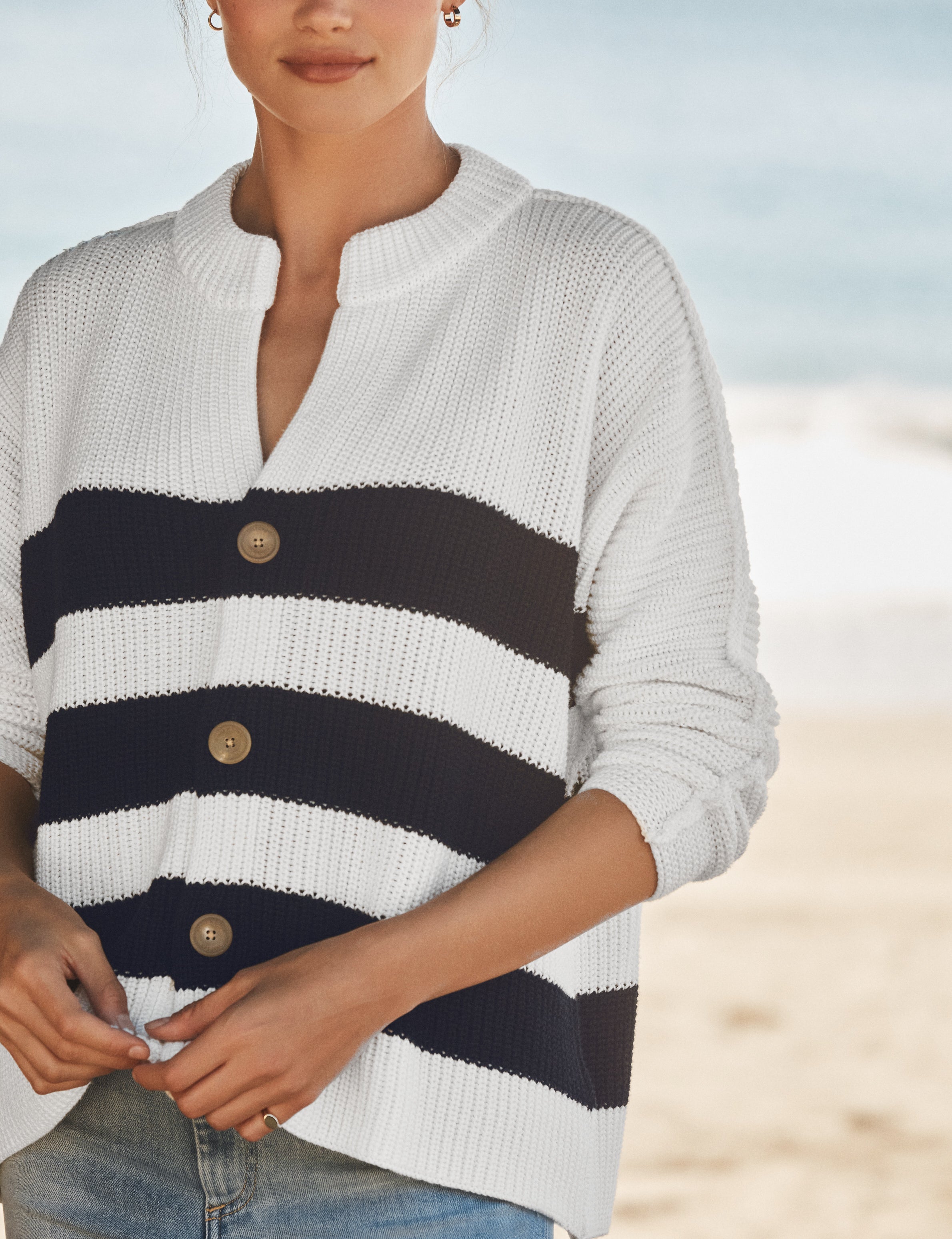 MONTECITO CARDIGAN White and Navy Stripe, Pure Italian Cotton, view 3