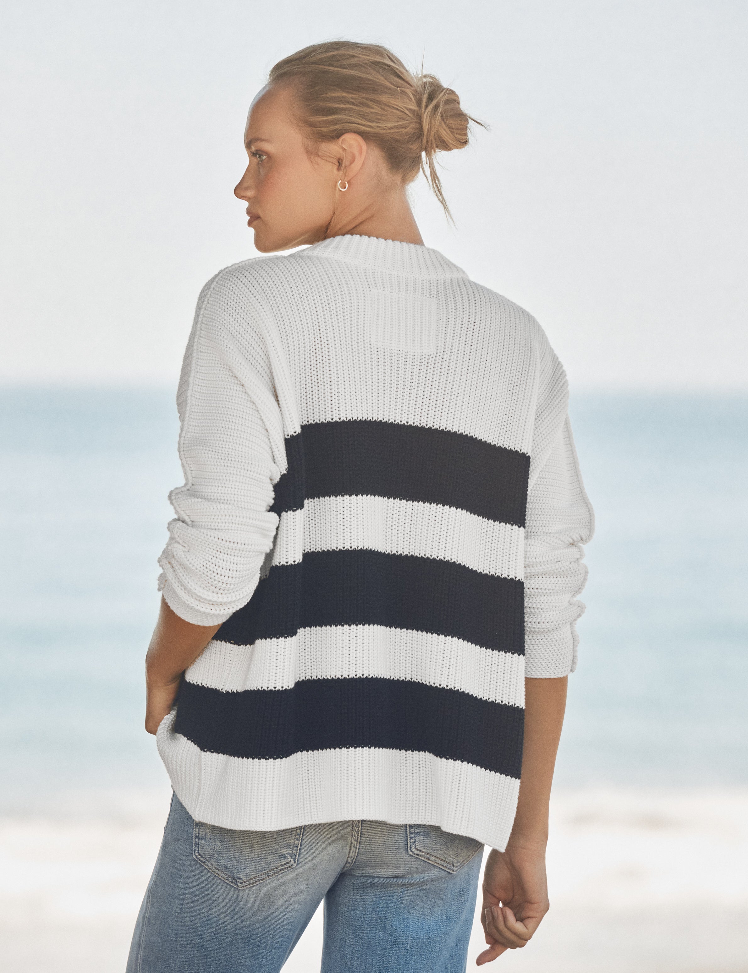 MONTECITO CARDIGAN White and Navy Stripe, Pure Italian Cotton, alternate view